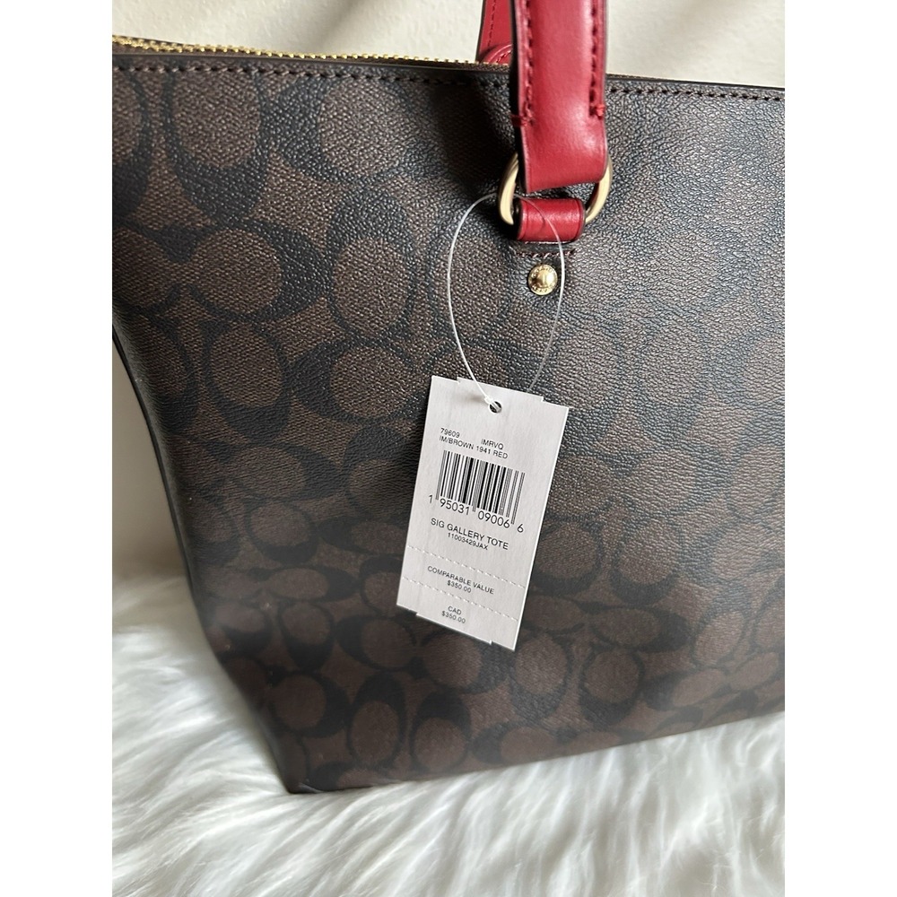 Coach Gallery Tote Brown Red Signature‎ Canvas Leather Shoulder Bag NEW - Picture 3 of 7